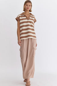 DANAE- mocha striped, collared, cap sleeve top