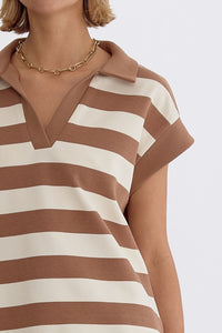 DANAE- mocha striped, collared, cap sleeve top