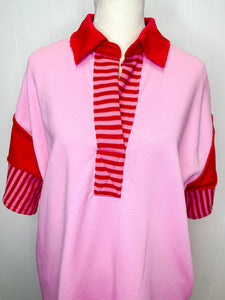 Casual chic- Pink/ Red polo collared striped detail sweatshirt dress