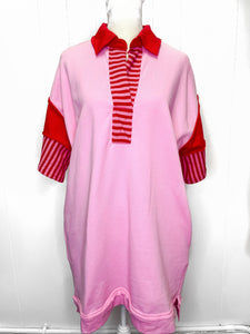 Casual chic- Pink/ Red polo collared striped detail sweatshirt dress