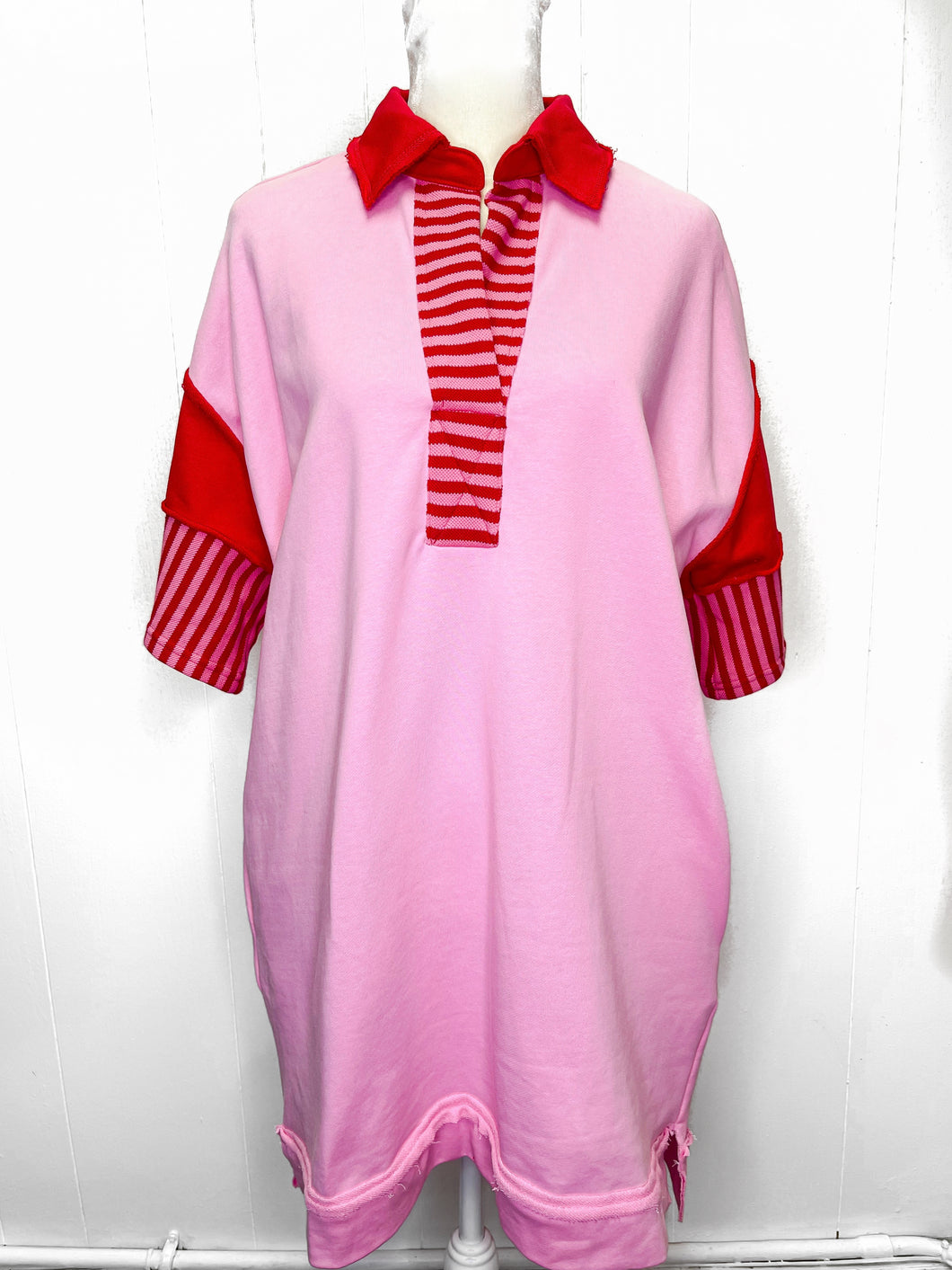 Casual chic- Pink/ Red polo collared striped detail sweatshirt dress