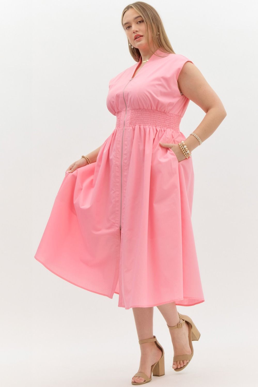 PLUS HARPER- Pink DROP SHOULDER SMOCKED WAIST FRONT ZIP MIDI DRESS WIT –  Shop Meli's Boutique