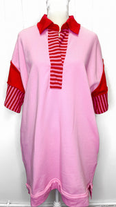 Casual chic- Pink/ Red polo collared striped detail sweatshirt dress