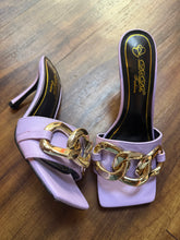 Load image into Gallery viewer, Lilac gold buckle square toe heel sandals
