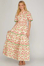 Load image into Gallery viewer, Red and pink SHORT SLEEVE WOVEN PRINT TIERED MAXI DRESS
