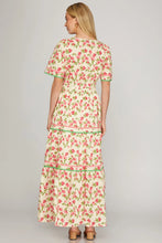 Load image into Gallery viewer, Red and pink SHORT SLEEVE WOVEN PRINT TIERED MAXI DRESS
