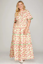 Load image into Gallery viewer, PLUS - SHORT SLEEVE WOVEN PRINT TIERED MAXI DRESS WITH CONTRAST BINDING DETAIL AND POCKETS
