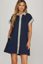 Load image into Gallery viewer, Plus Navy striped detail button up dress
