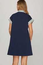 Load image into Gallery viewer, Plus Navy striped detail button up dress
