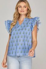 Load image into Gallery viewer, Periwinkle RUFFLED SLEEVE WOVEN PRINTED TOP
