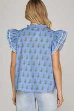 Load image into Gallery viewer, Periwinkle RUFFLED SLEEVE WOVEN PRINTED TOP
