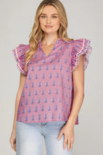 Load image into Gallery viewer, Pink RUFFLED SLEEVE WOVEN PRINTED TOP (Copy)
