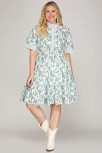 Load image into Gallery viewer, PLUS - Blue HALF SLEEVE CONTRAST RUFFLE NECK FLORAL PRINT WOVEN MINI DRESS
