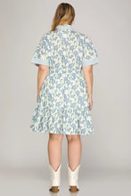 Load image into Gallery viewer, PLUS - Blue HALF SLEEVE CONTRAST RUFFLE NECK FLORAL PRINT WOVEN MINI DRESS

