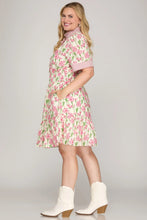 Load image into Gallery viewer, PLUS - Pink HALF SLEEVE CONTRAST RUFFLE NECK FLORAL PRINT WOVEN MINI DRESS
