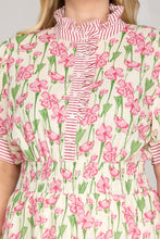 Load image into Gallery viewer, PLUS - Pink HALF SLEEVE CONTRAST RUFFLE NECK FLORAL PRINT WOVEN MINI DRESS
