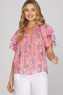 Pink floral printed ruffle detailed top