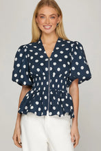 Load image into Gallery viewer, Navy polka dot smocked waist top
