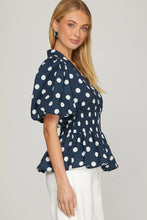 Load image into Gallery viewer, Navy polka dot smocked waist top
