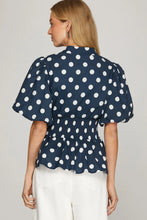 Load image into Gallery viewer, Navy polka dot smocked waist top
