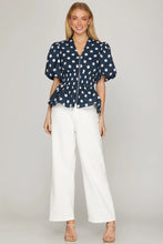Load image into Gallery viewer, Navy polka dot smocked waist top
