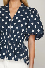 Load image into Gallery viewer, Navy polka dot smocked waist top
