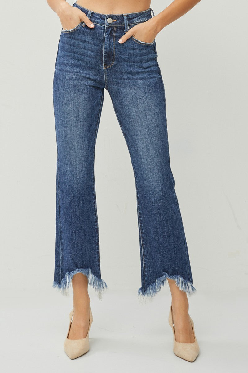 Restock RISEN Jeans- High Rise solid dark wash ankle length jeans with distressed hem RDP5599. #220