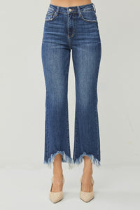 Restock RISEN Jeans- High Rise solid dark wash ankle length jeans with distressed hem RDP5599. #220