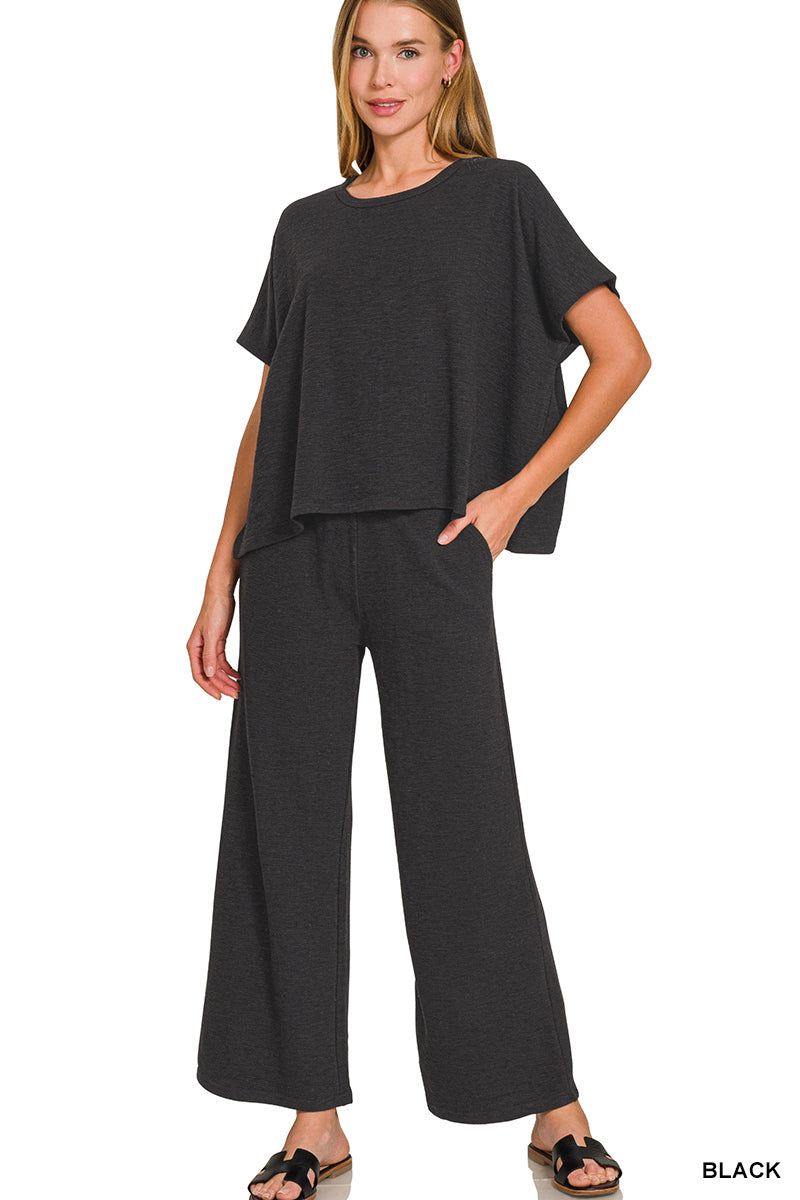 TARA- Black two piece cotton slub top and pants set