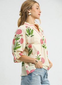 JENN- Umgee Limited edition cream mix printed V neck top #221