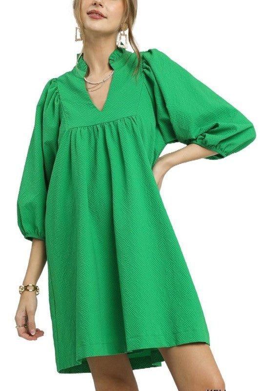 LINDY- Kelly Green Textured Puff Sleeve Babydoll Dress