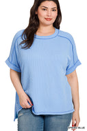 Plus sky blue raised ribbed cuff sleeve top