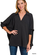 Black AIRFLOW COLLAR TEE WITH SMOCKED SLEEVE