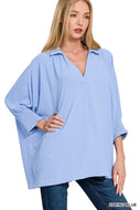 Spring Blue AIRFLOW COLLAR TEE WITH SMOCKED SLEEVE