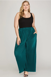 Plus Skyla- Teal Green Plisse woven wide leg pants with pockets (Copy)