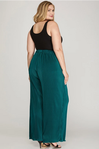 Plus Skyla- Teal Green Plisse woven wide leg pants with pockets (Copy)