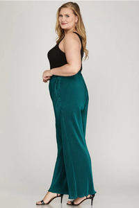 Plus Skyla- Teal Green Plisse woven wide leg pants with pockets (Copy)