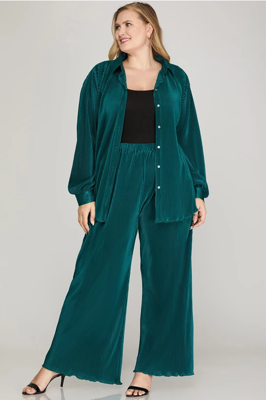 Plus Skyla- Teal Green Plisse woven wide leg pants with pockets (Copy)