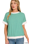 Kelly Green STRIPE CONTRAST TRIM RIB BANDED TOP