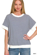 Navy STRIPE CONTRAST TRIM RIB BANDED TOP