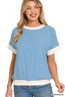 Ocean Blue STRIPE CONTRAST TRIM RIB BANDED TOP