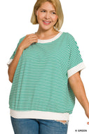 Kelly Green STRIPE CONTRAST TRIM RIB BANDED TOP