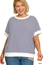Load image into Gallery viewer, Navy STRIPE CONTRAST TRIM RIB BANDED TOP
