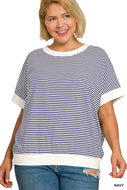 Navy STRIPE CONTRAST TRIM RIB BANDED TOP