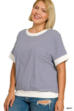 Load image into Gallery viewer, Navy STRIPE CONTRAST TRIM RIB BANDED TOP
