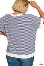 Load image into Gallery viewer, Navy STRIPE CONTRAST TRIM RIB BANDED TOP
