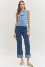 Load image into Gallery viewer, Dusty Sky blue striped attached scarf knit top

