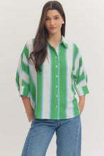 Load image into Gallery viewer, Plus size cream and Kelly green Striped button down top
