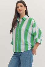 Load image into Gallery viewer, Plus size cream and Kelly green Striped button down top

