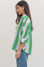 Load image into Gallery viewer, Plus size cream and Kelly green Striped button down top
